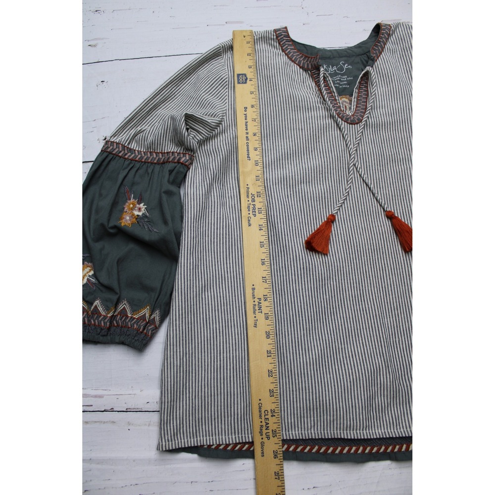Kyla Seo Embroidered Cotton Tassel Boho Blouse Grey Striped M Boho-Chic - Picture 4 of 8